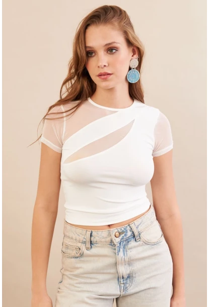 Kadın Beyaz Tül Detaylı Bluz AN8087