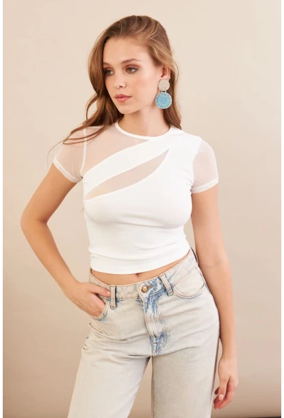 Kadın Beyaz Tül Detaylı Bluz AN8087