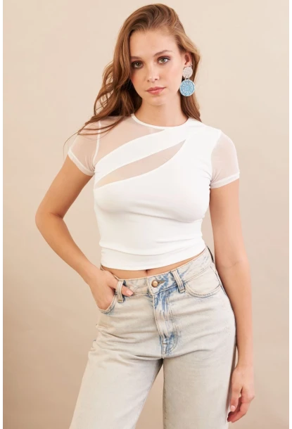 Kadın Beyaz Tül Detaylı Bluz AN8087