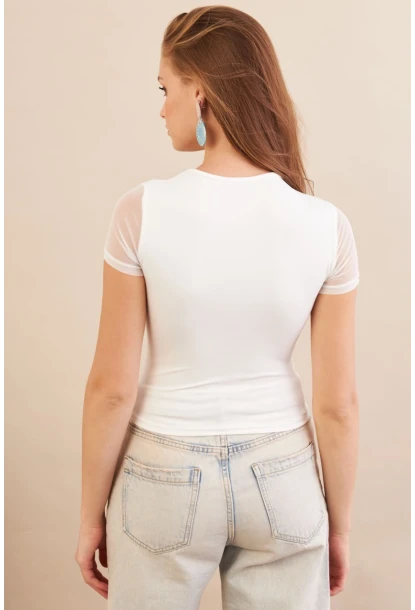 Kadın Beyaz Tül Detaylı Bluz AN8087