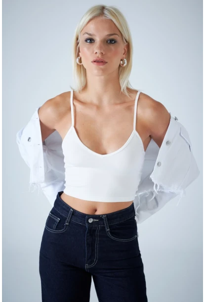 Kadın Beyaz V Yaka Crop Bluz COL1000