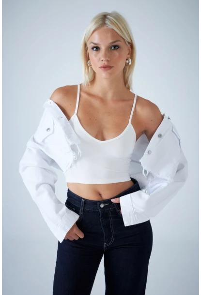 Kadın Beyaz V Yaka Crop Bluz COL1000
