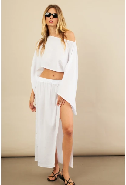 Kadın Beyaz Yarasa Kol Crop Müslin Etek Takım BTY104