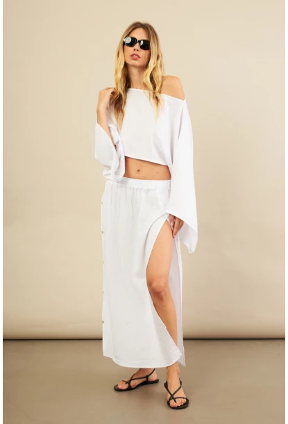 Kadın Beyaz Yarasa Kol Crop Müslin Etek Takım BTY104