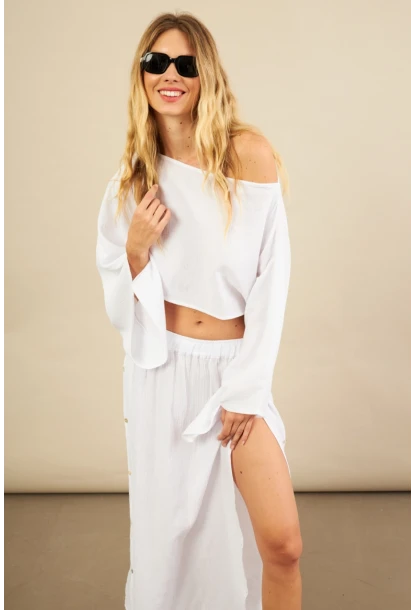Kadın Beyaz Yarasa Kol Crop Müslin Etek Takım BTY104