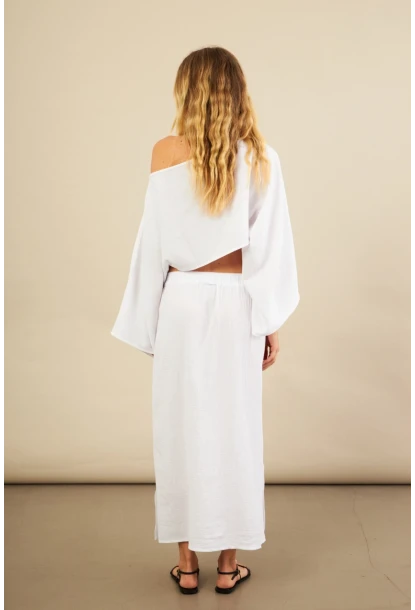 Kadın Beyaz Yarasa Kol Crop Müslin Etek Takım BTY104