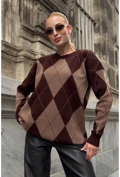 Kadın Bisiklet Yaka Baklava Desenli Triko Kazak