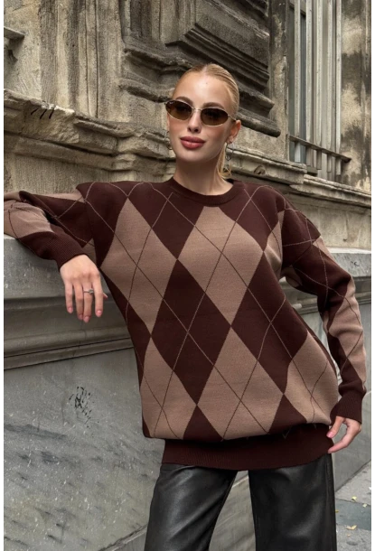 Kadın Bisiklet Yaka Baklava Desenli Triko Kazak