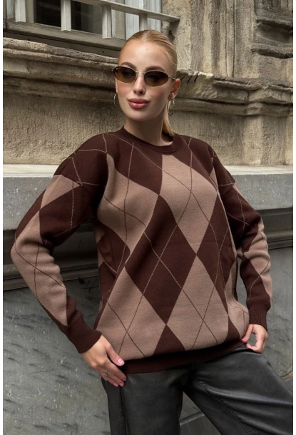 Kadın Bisiklet Yaka Baklava Desenli Triko Kazak