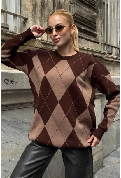 Kadın Bisiklet Yaka Baklava Desenli Triko Kazak