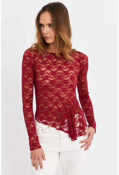 Kadın Bordo Asimetrik Dantel Bluz MTK13288