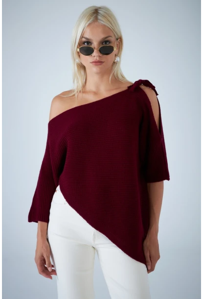 Kadın Bordo Asimetrik Triko Bluz YV359