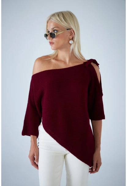 Kadın Bordo Asimetrik Triko Bluz YV359