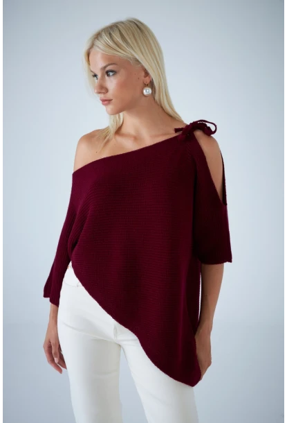 Kadın Bordo Asimetrik Triko Bluz YV359