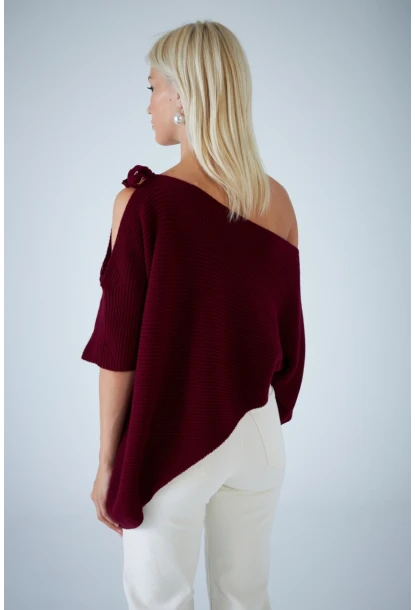 Kadın Bordo Asimetrik Triko Bluz YV359