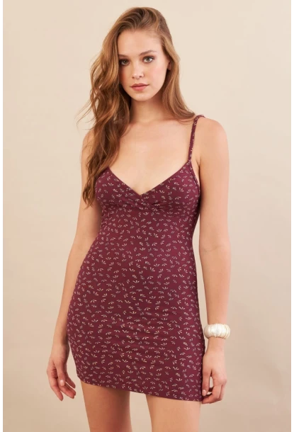 Kadın Bordo Askılı Çiçekli Mini Elbise LPP1129-90