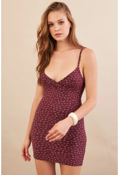 Kadın Bordo Askılı Çiçekli Mini Elbise LPP1129-90