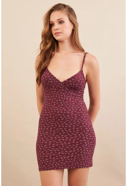 Kadın Bordo Askılı Çiçekli Mini Elbise LPP1129-90
