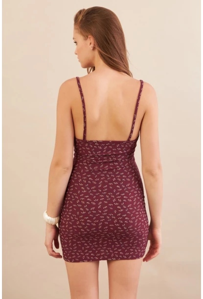 Kadın Bordo Askılı Çiçekli Mini Elbise LPP1129-90