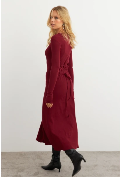 Kadın Bordo Bağlamalı Kaşkorse Midi Elbise COL2268