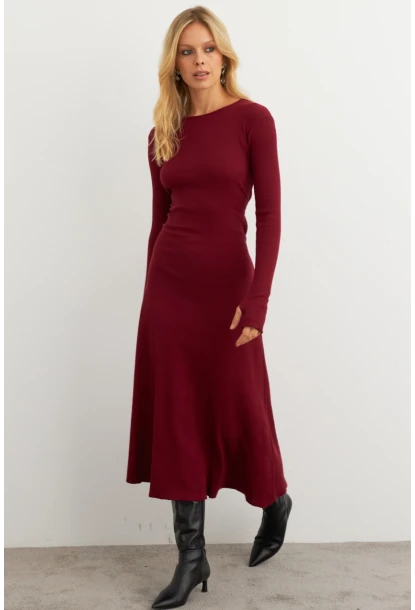 Kadın Bordo Bağlamalı Kaşkorse Midi Elbise COL2268