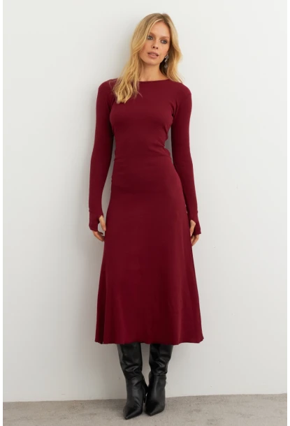 Kadın Bordo Bağlamalı Kaşkorse Midi Elbise COL2268