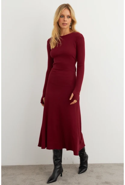 Kadın Bordo Bağlamalı Kaşkorse Midi Elbise COL2268