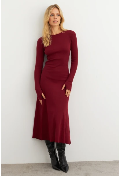 Kadın Bordo Bağlamalı Kaşkorse Midi Elbise COL2268