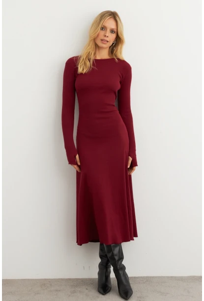 Kadın Bordo Bağlamalı Kaşkorse Midi Elbise COL2268