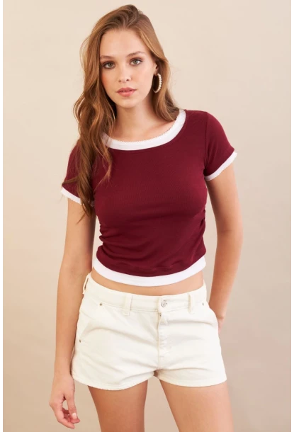 Kadın Bordo Büzgülü Beyaz Garnili Bluz MX9465