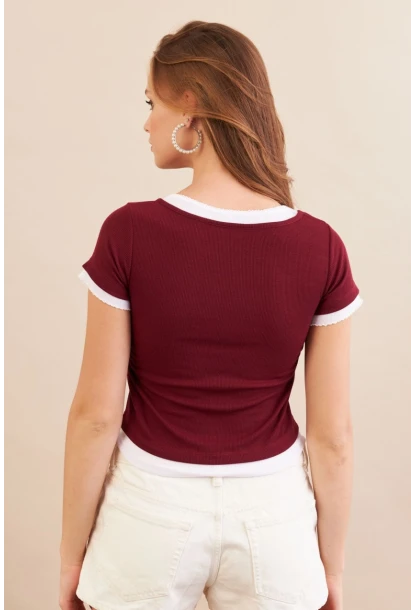 Kadın Bordo Büzgülü Beyaz Garnili Bluz MX9465