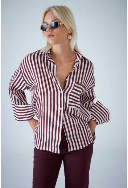 Kadın Bordo Çizgili Cepli Gömlek ELN601