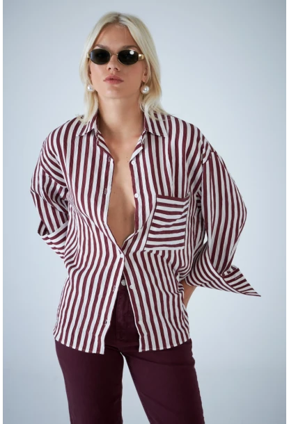 Kadın Bordo Çizgili Cepli Gömlek ELN601