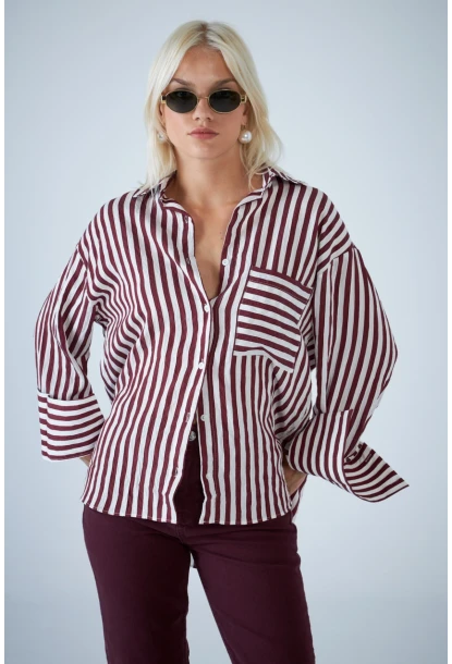 Kadın Bordo Çizgili Cepli Gömlek ELN601
