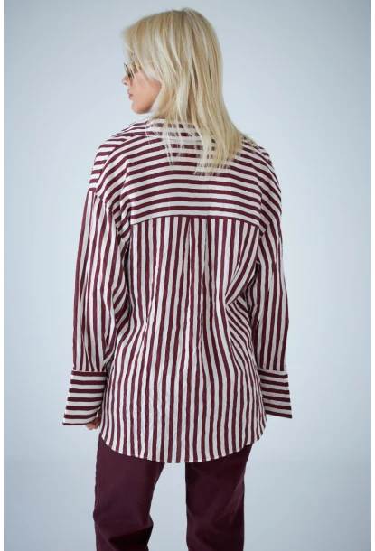 Kadın Bordo Çizgili Cepli Gömlek ELN601