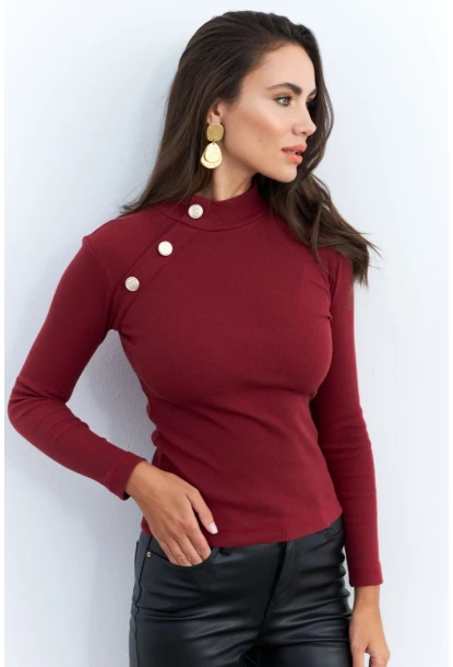 Kadın Bordo Düğme Aksesuarlı Kaşkorse Bluz EY2579