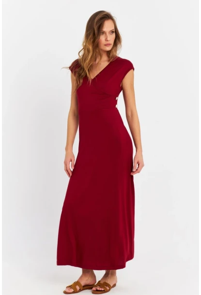 Kadın Bordo Düğme Detaylı Kruvaze Midi Elbise EY0011