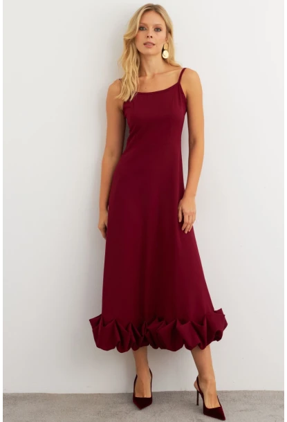 Kadın Bordo Eteği Fırfırlı Şık Maxi Elbise FRY2266