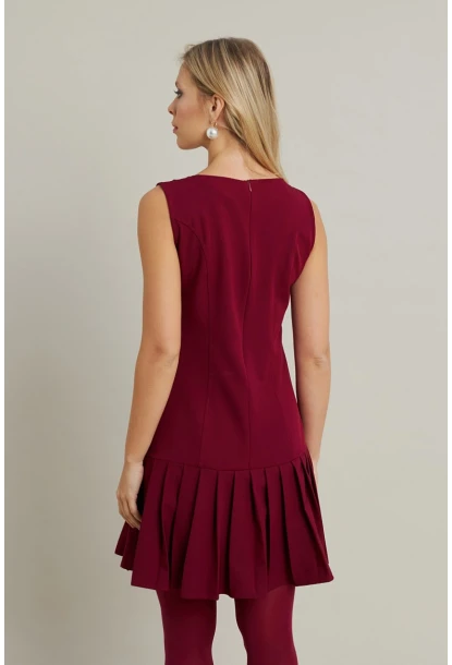 Kadın Bordo Etegi Pileli Mini Elbise FRY2265