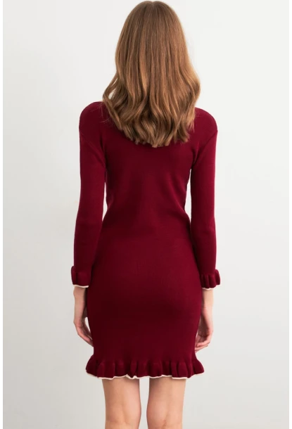 Kadın Bordo Fırfırlı Basic Triko Midi Elbise SF2559