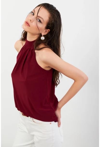 Kadın Bordo Halter Yaka Bluz LPP1273