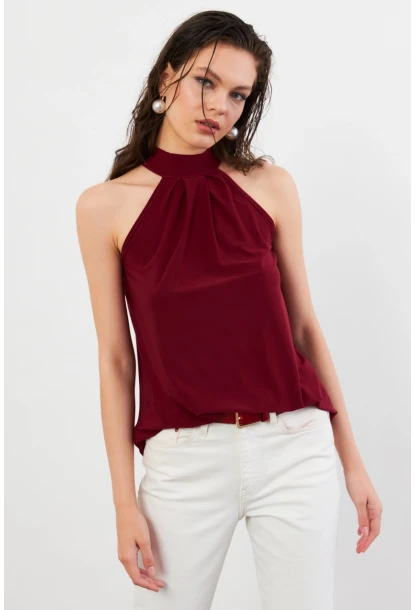 Kadın Bordo Halter Yaka Bluz LPP1273