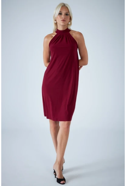 Kadın Bordo Halter Yaka Midi Elbise LPP1309
