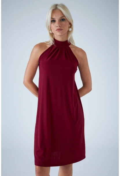 Kadın Bordo Halter Yaka Midi Elbise LPP1309
