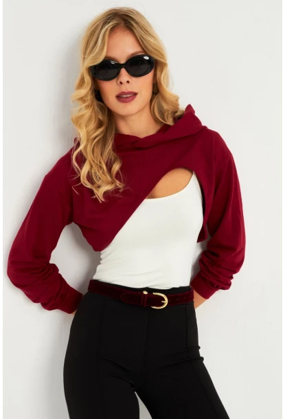 Kadın Bordo Kapüşonlu Crop Sweatshirt  TF03