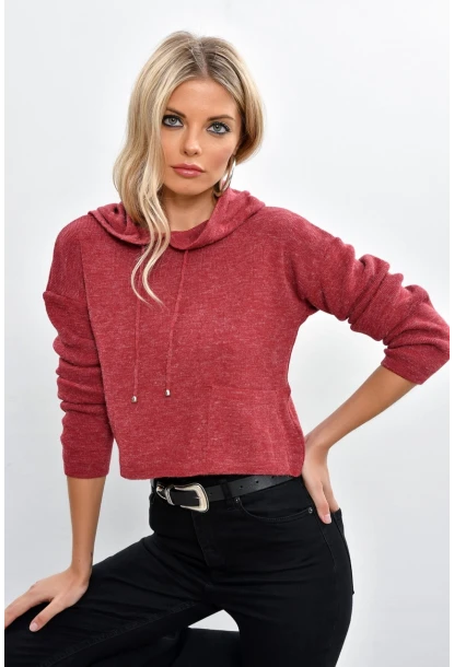 Kadın Bordo Kapüşonlu Kısa Triko Bluz YV15-90