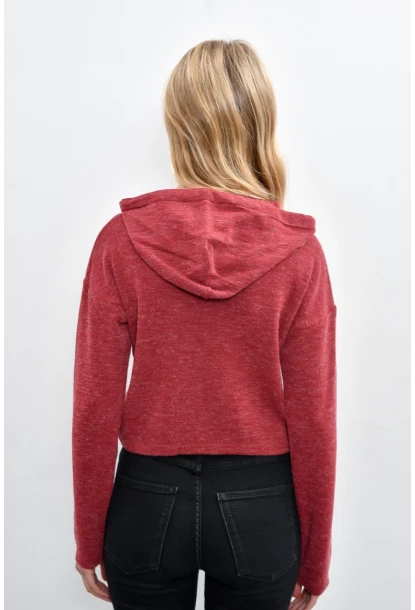 Kadın Bordo Kapüşonlu Kısa Triko Bluz YV15-90