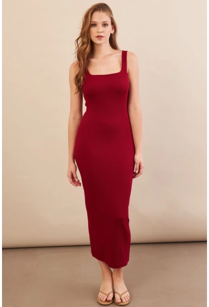 Kadın Bordo Kare Yaka Midi Elbise DMR295-90