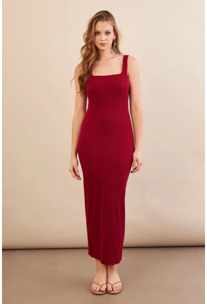 Kadın Bordo Kare Yaka Midi Elbise DMR295-90