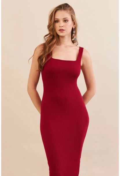Kadın Bordo Kare Yaka Midi Elbise DMR295-90